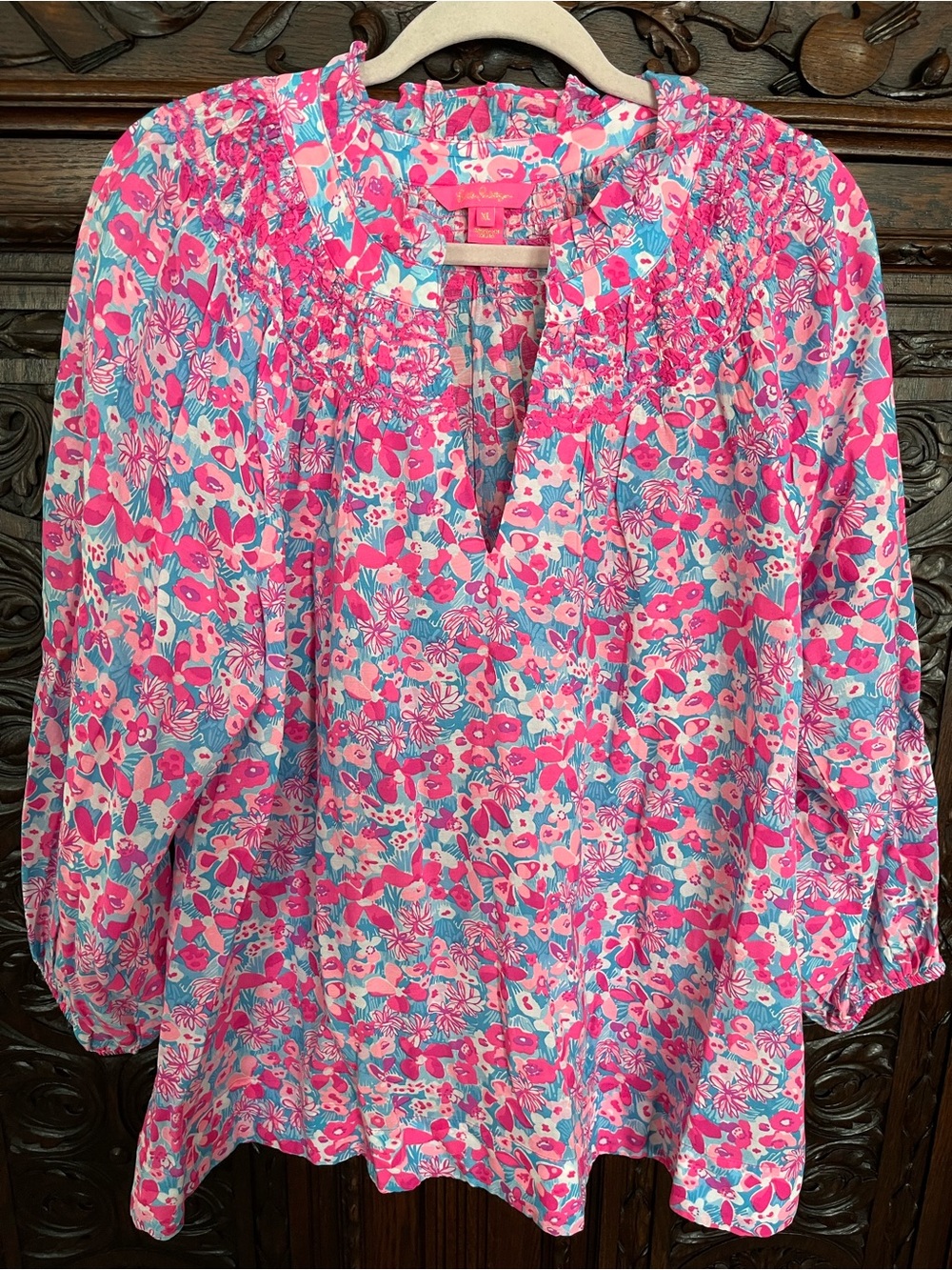 Lilly Pulitzer Lourdes Floral Smocked Peasant Blouse XL